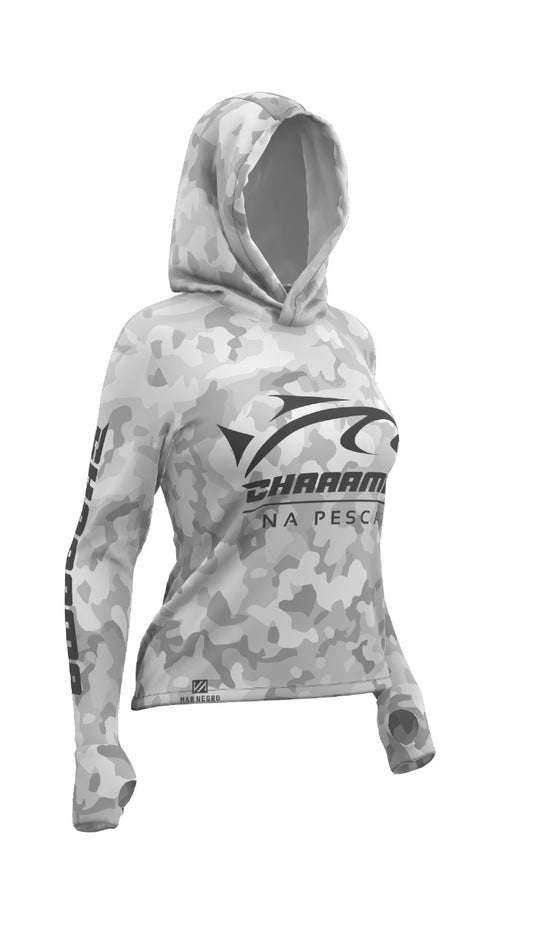CAMISETA COM CAPUZ FEMININA - CAMUFLAGEM POLAR CINZA