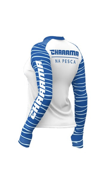 CAMISETA FEMININA - CORRENTEZA BRANCA MANGA AZUL