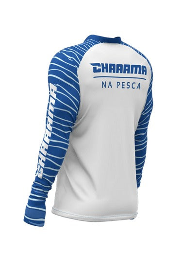 CAMISETA MASCULINA - CORRENTEZA BRANCA MANGA AZUL